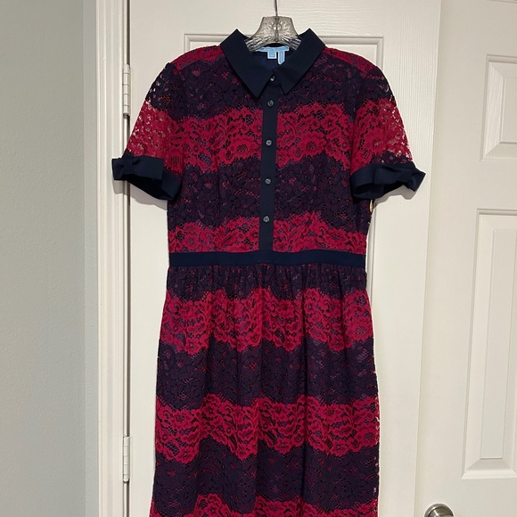 Draper James Navy/Fuchsia Short Sleeve Midi Dress Lace Overlay Size 10 Preppy! - Picture 2 of 8